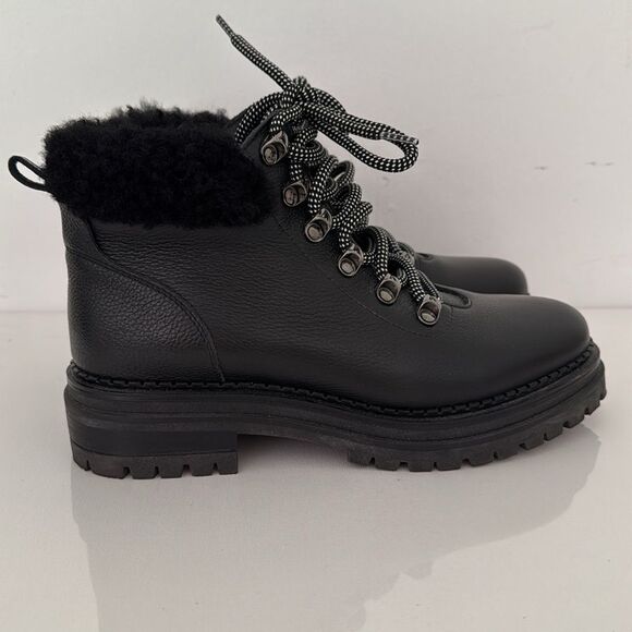 M. Gemi Alpi Combat Boots Women's 8.5 Black Leather Shearling Fur Trim Lace Up - Picture 1 of 7